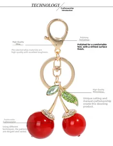 Vue détaillée du porte-clés cerise avec alliage de qualité et strass brillants