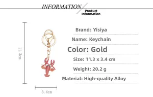 Detailed size chart for red enamel lobster keychain with alloy dimensions and weight
