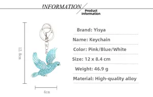 Detailed view of blue rhinestone bird keychain with dimensions and alloy material info