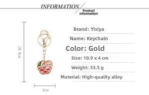 Detailed size specifications of the gold apple keychain with red crystal rhinestone accents