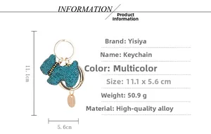 Detailed size specifications and material info for the crystal-studded dog keychain