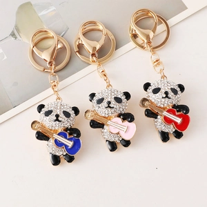 Cute Guitar Panda Keychain Alloy Rhinestone Enamel Animal Pendant Car Key Ring For Women Girls Fashion Jewelry Gift