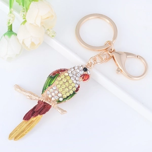 Porte-clés perroquet exquis avec émail coloré, cristaux brillants et fermoir doré