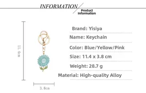 Detailed dimensions of blue sunflower rhinestone keychain showing size 11.4 x 3.8 cm