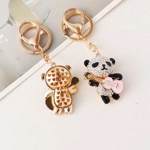 Cute panda guitar keychain and golden heart bear pendant set with crystals