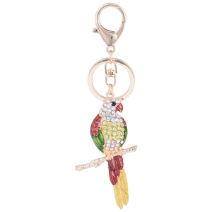 Porte-clés perroquet coloré avec placage en or rose et strass en cristal brillant