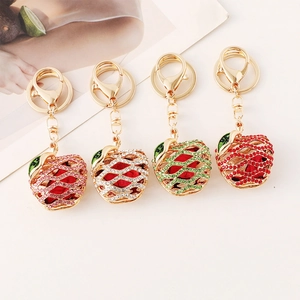 Exquisite Rhinestone Apple Shaped Keychain Alloy Hollow Out Fruit Bag Pendant Fashion Car Keyring Gift For Women Girls