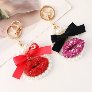 Fashion Rhinestone Lips Keychain With Satin Bow Faux Artificial Pearl Motif 5 Pendant Alloy Bag Charm For Women Luxury Jewelry Gift