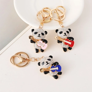 Cute panda keychains with guitar and sparkling rhinestones on golden metal rings