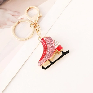 Exquisite red and gold ice skate keychain with pink rhinestones and gold lobster clasp