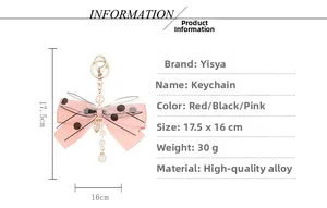 Pink mesh bow keychain charm details with sizing measurements and high quality alloy material