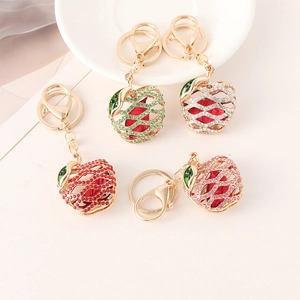 Exquisite hollow apple keychain with rhinestones and green leaf for bags and cars