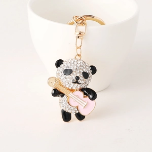 Cute panda keychain with guitar design and sparkling rhinestones for car keys and gifts