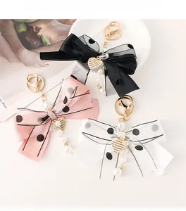 Chiffon bow keychain set with faux pearls and engraved heart charms in three colors