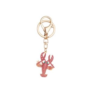 Pink enamel lobster keychain with sparkling crystals and gold-plated alloy ring