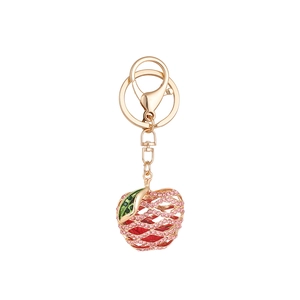 Exquisite apple shaped keychain with pink rhinestones and golden metal lobster clasp