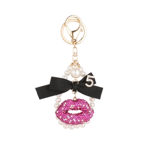 Bowknot keychain with pearl strap, crystal number 5 charm and pink rhinestone lips