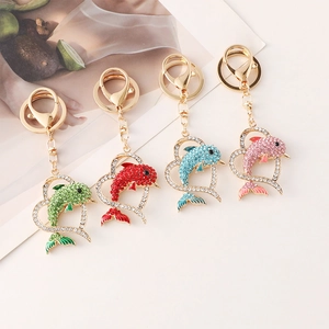 Rhinestone Dolphin Heart Keychain Alloy Metal Ocean Animal Car Key Ring Backpack Pendant Gift For Women Men Jewelry