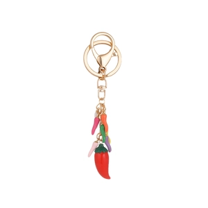 Creative handmade red chili keychain with colorful enamel pendants and gold metal hardware