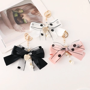 Mesh Polka Dot Bowknot Keychain With Faux Artificial Pearl Heart Charm Satin Ribbon Bag Pendant For Women Decorative Key Ring Gift