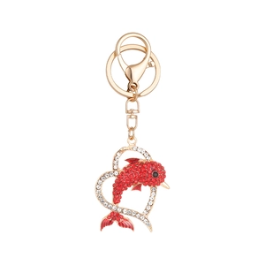 Creative dolphin heart keychain with sparkling red and white rhinestones on a gold ring