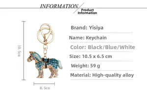 Détail du porte-clés cheval avec strass bleus et dimensions pour accessoires de cheval