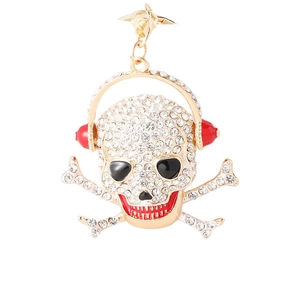 Hip hop skull keychain with red headphones and white rhinestones on white background