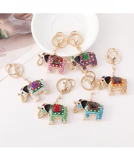 Set of six colorful enamel elephant keychains with sparkling rhinestones and gold clasp