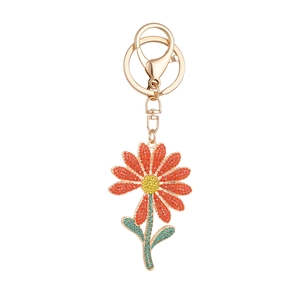Sparkling sunflower keychain with orange rhinestones and gold-tone lobster clasp hook