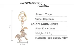 Detailed dimensions of a goat keychain with crystals showing 12cm height and 6.2cm width