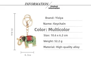 Detailed view of colorful enamel elephant keychain with dimensions and alloy specifications