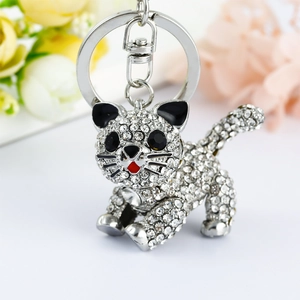 Sparkling crystal-encrusted cat keychain charm with silver alloy and lobster clasp