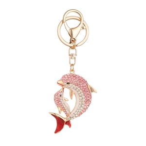 Porte-clés dauphin rose avec cristaux scintillants et fermoir mousqueton doré chic