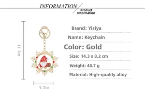 Detailed size specifications of gold gnome keychain with red green rhinestone snowflake