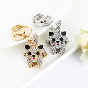 Sparkling rhinestone cute cat car keychain set in shiny gold and silver finishes