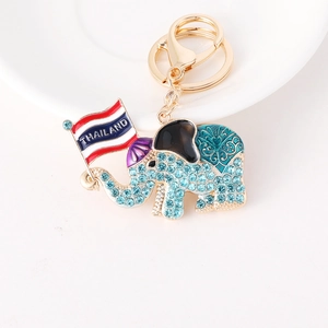 Colorful Thailand elephant keychain with blue rhinestones and national flag charm