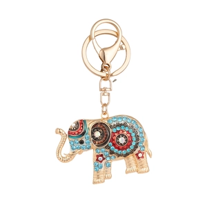 Porte-clés éléphant doré avec cristaux colorés et motif mandala bleu étincelant