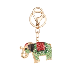 Creative gold elephant keychain with green rhinestones and red enamel ethnic style