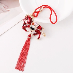 Traditional Chinese Zodiac Horse Keychain Zinc Alloy Enamel Rhinestone Tassel Car Hanging Ornament Lucky Red Pendant Bag Charm