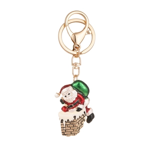 Christmas Santa climbing chimney metal keychain with golden lobster clasp and colorful enamel