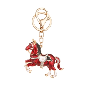 Porte-clés cheval en émail rouge avec contour en métal doré et cristaux brillants