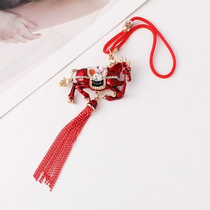 Traditional red zodiac horse keychain with golden tassels and colorful rhinestones