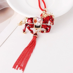 Exquisite red enamel horse hanging ornament with crystals and long beaded tassels