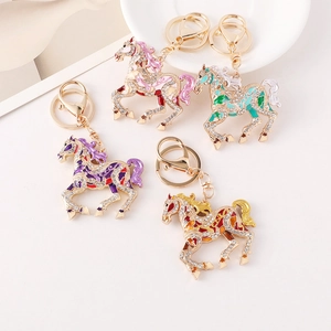Luxury Enamel Rhinestone Horse Keychain Alloy Gold Plated Animal Bag Pendant Chinese Zodiac Horse Decorative Key Ring