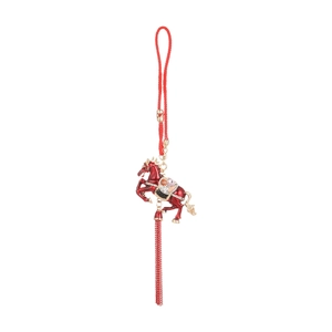 Chinese Zodiac Horse Tassel Keychain with Red Enamel Finish and Beaded Ornament
