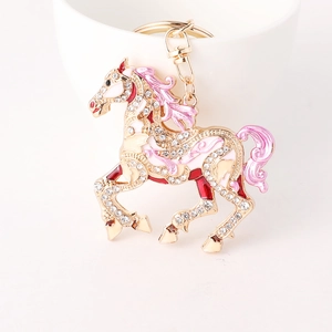 Exquisite galloping horse keychain with pink enamel and sparkling rhinestones