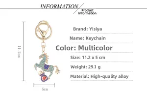 Detailed view of horse keychain with colorful rhinestones and dimensions showing 11.2x5cm