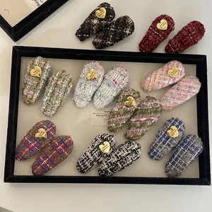 Barrettes à cheveux en tweed tricoté de style français avec ornements en métal doré