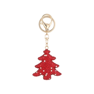 Red rhinestone Christmas tree keychain with golden lobster clasp for festive handbag charm