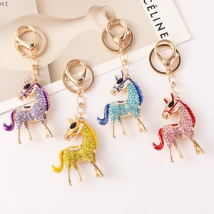 Rhinestone Horse Keychain Zinc Alloy Enamel Flying Horse Bag Pendant Car Keyring Zodiac Animal Accessories For Women
